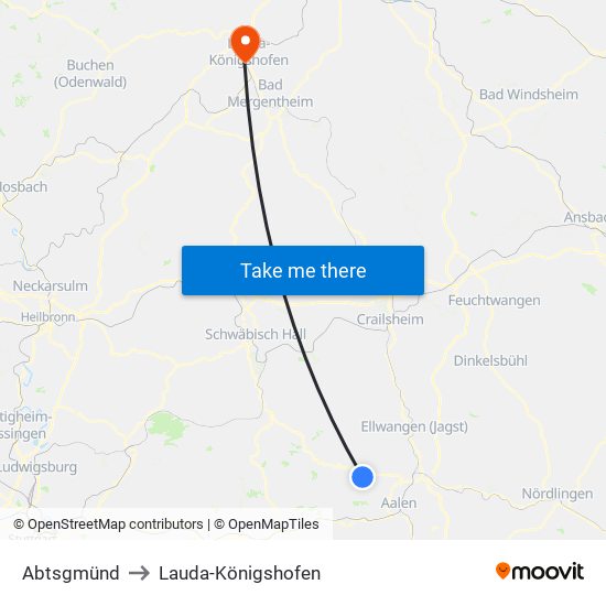 Abtsgmünd to Lauda-Königshofen map