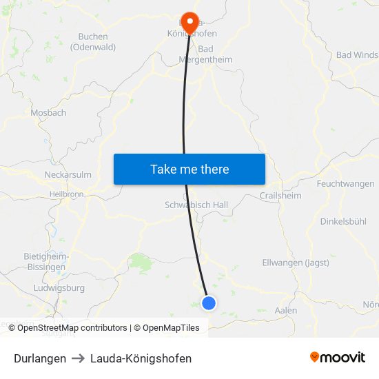 Durlangen to Lauda-Königshofen map