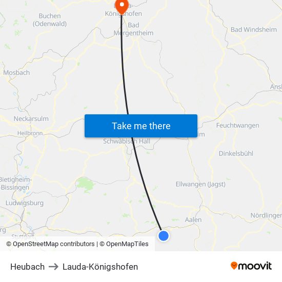 Heubach to Lauda-Königshofen map