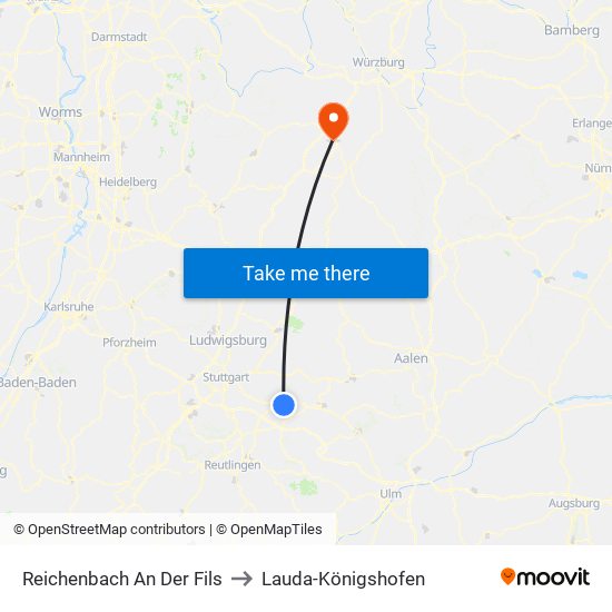 Reichenbach An Der Fils to Lauda-Königshofen map