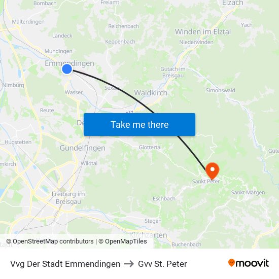 Vvg Der Stadt Emmendingen to Gvv St. Peter map