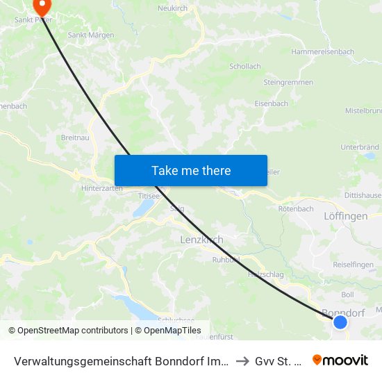 Verwaltungsgemeinschaft Bonndorf Im Schwarzwald to Gvv St. Peter map