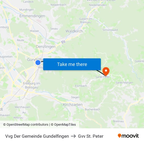 Vvg Der Gemeinde Gundelfingen to Gvv St. Peter map