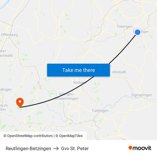 Reutlingen-Betzingen to Gvv St. Peter map