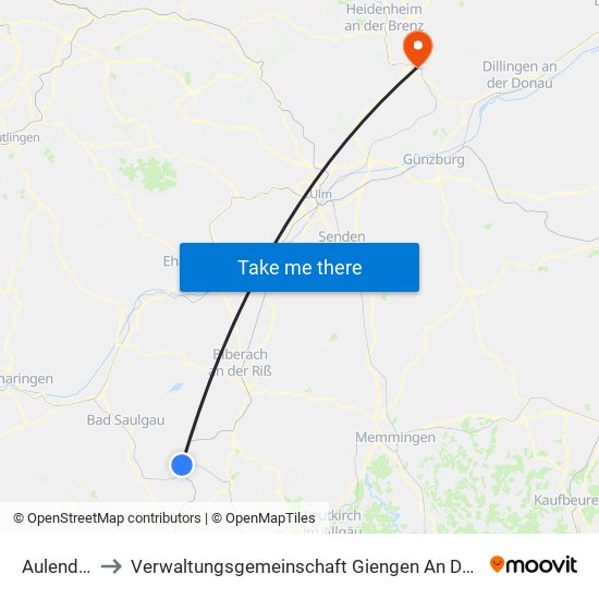 Aulendorf to Verwaltungsgemeinschaft Giengen An Der Brenz map