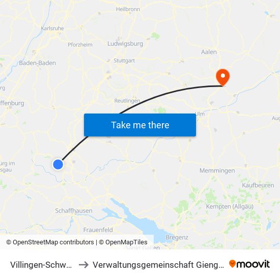 Villingen-Schwenningen to Verwaltungsgemeinschaft Giengen An Der Brenz map