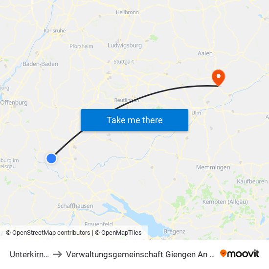 Unterkirnach to Verwaltungsgemeinschaft Giengen An Der Brenz map