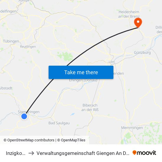 Inzigkofen to Verwaltungsgemeinschaft Giengen An Der Brenz map