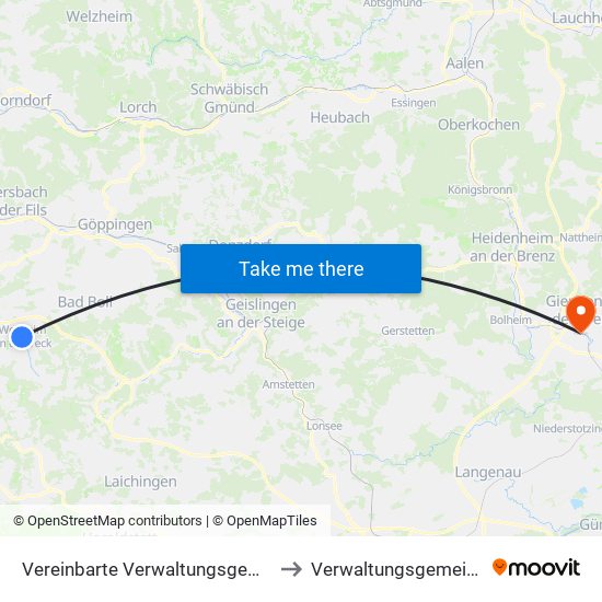 Vereinbarte Verwaltungsgemeinschaft Der Stadt Weilheim An Der Teck to Verwaltungsgemeinschaft Giengen An Der Brenz map