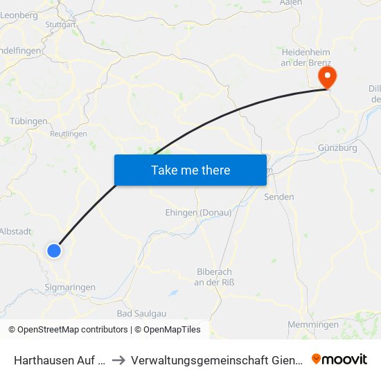 Harthausen Auf Der Scher to Verwaltungsgemeinschaft Giengen An Der Brenz map