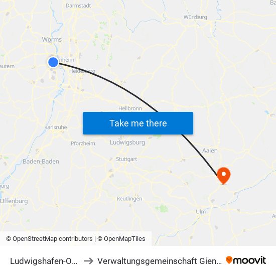 Ludwigshafen-Oggersheim to Verwaltungsgemeinschaft Giengen An Der Brenz map