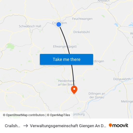 Crailsheim to Verwaltungsgemeinschaft Giengen An Der Brenz map