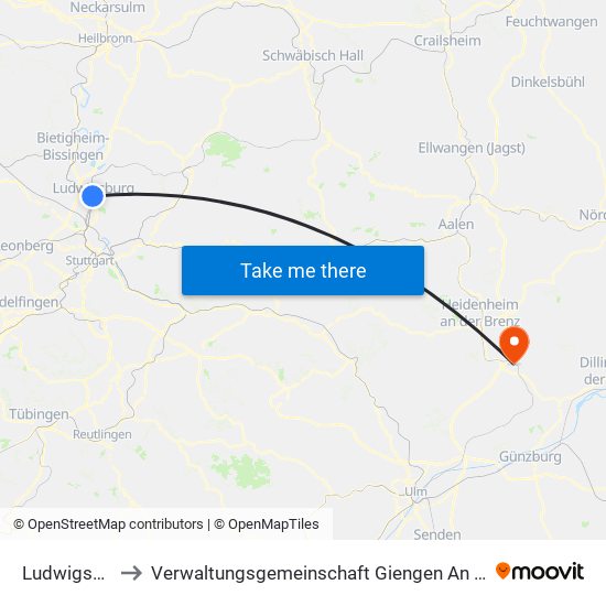Ludwigsburg to Verwaltungsgemeinschaft Giengen An Der Brenz map
