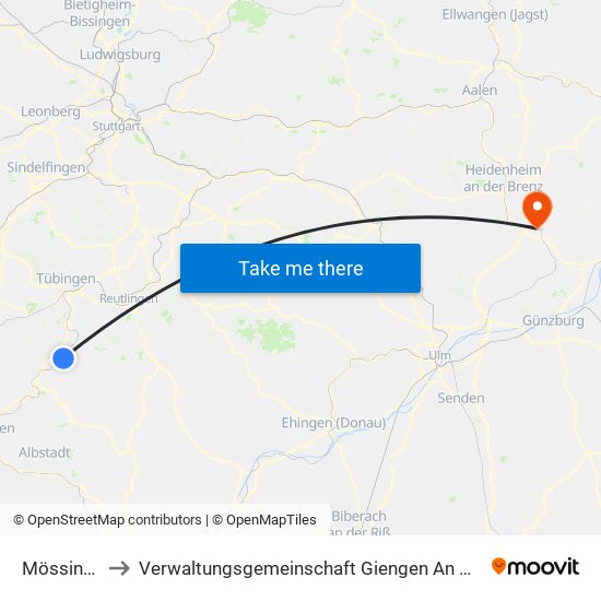 Mössingen to Verwaltungsgemeinschaft Giengen An Der Brenz map