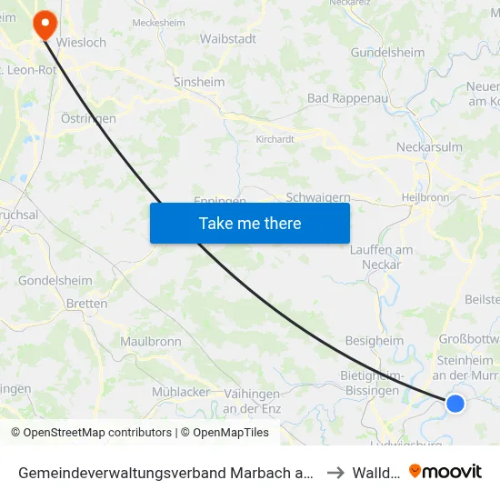 Gemeindeverwaltungsverband Marbach am Neckar to Walldorf map