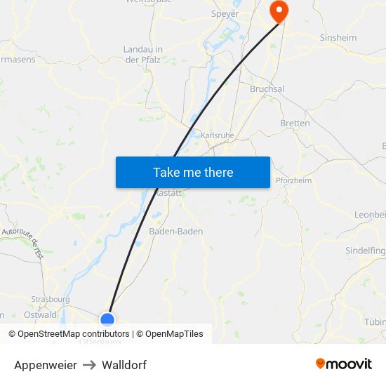 Appenweier to Walldorf map