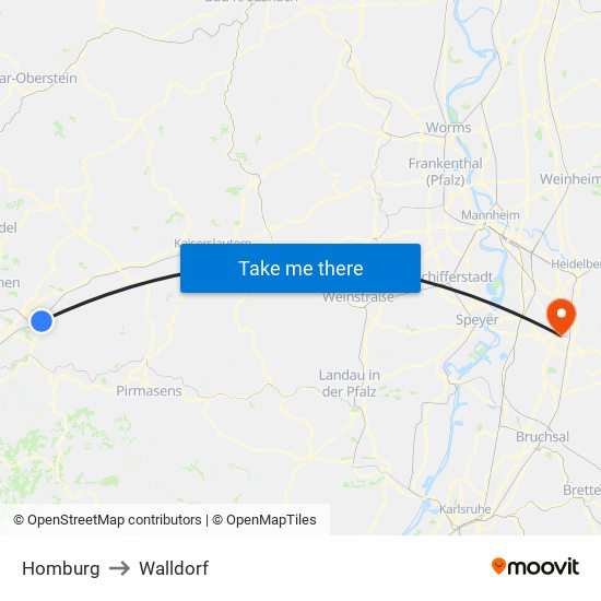 Homburg to Walldorf map