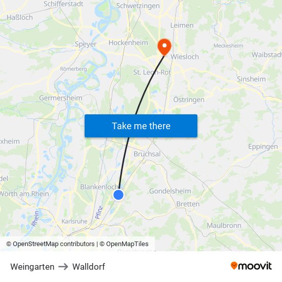 Weingarten to Walldorf map