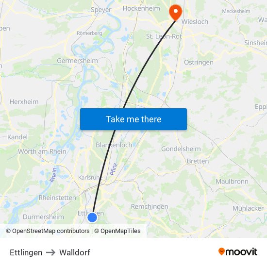Ettlingen to Walldorf map