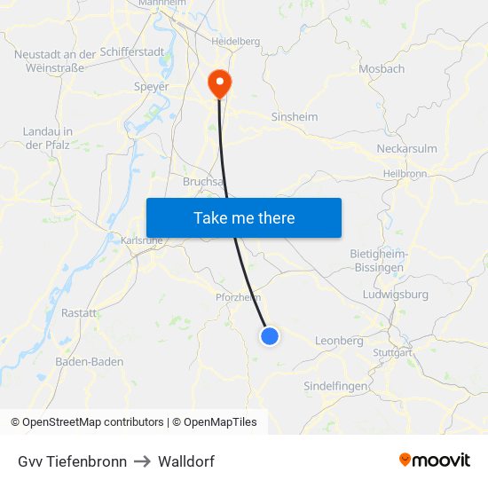 Gvv Tiefenbronn to Walldorf map