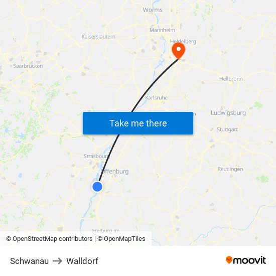 Schwanau to Walldorf map