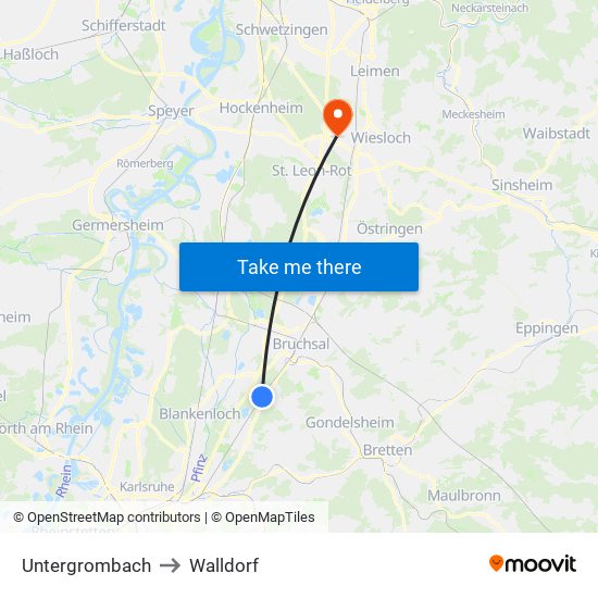 Untergrombach to Walldorf map