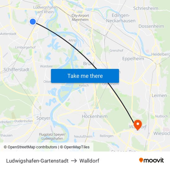 Ludwigshafen-Gartenstadt to Walldorf map