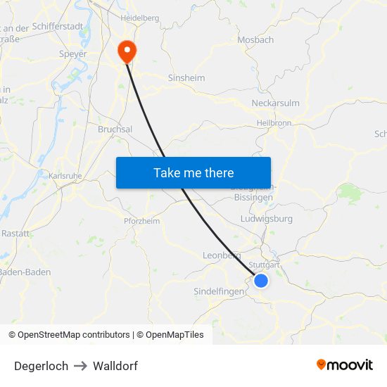 Degerloch to Walldorf map