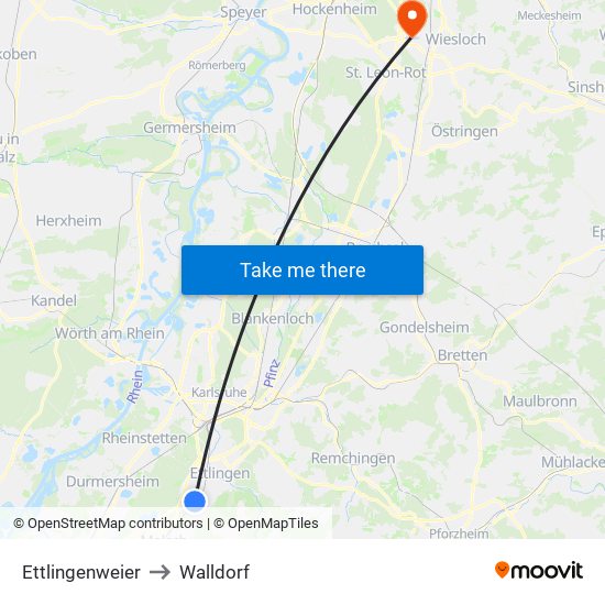 Ettlingenweier to Walldorf map