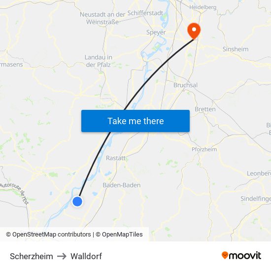 Scherzheim to Walldorf map