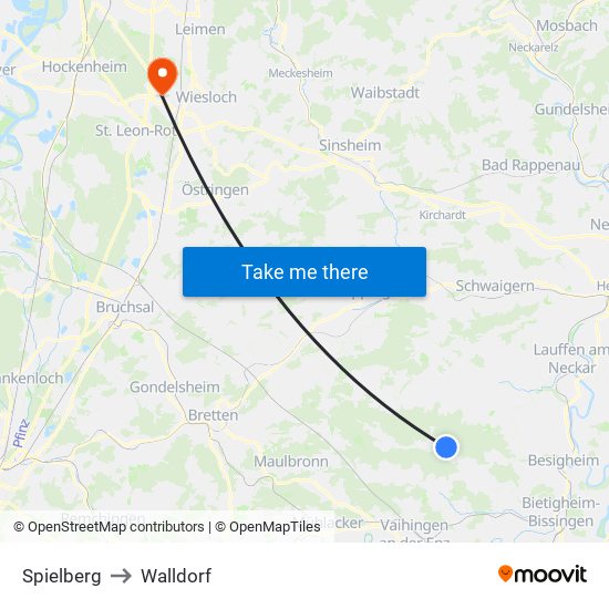 Spielberg to Walldorf map