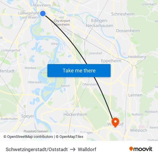 Schwetzingerstadt/Oststadt to Walldorf map