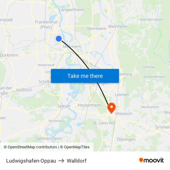 Ludwigshafen-Oppau to Walldorf map