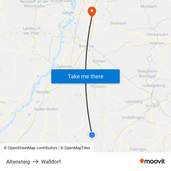 Altensteig to Walldorf map