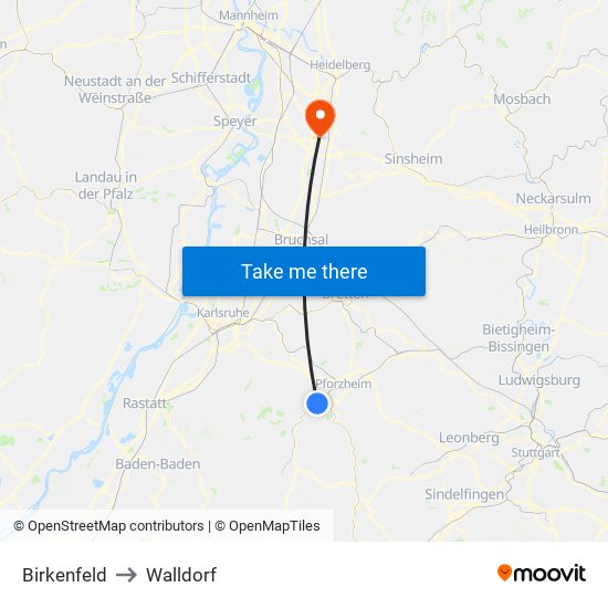 Birkenfeld to Walldorf map
