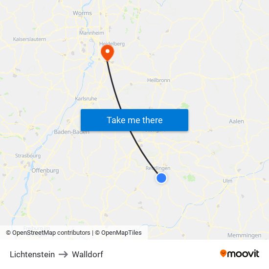 Lichtenstein to Walldorf map