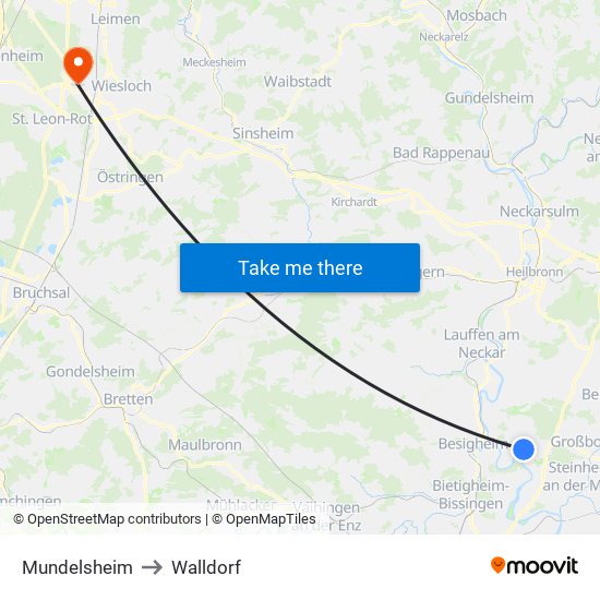 Mundelsheim to Walldorf map