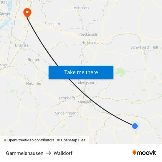 Gammelshausen to Walldorf map