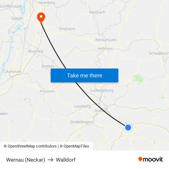 Wernau (Neckar) to Walldorf map