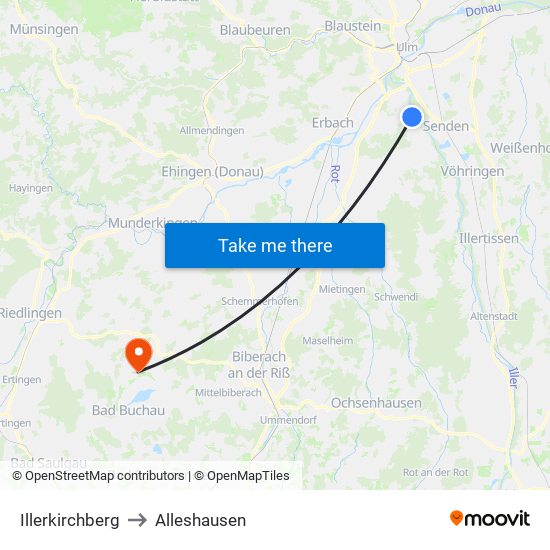 Illerkirchberg to Alleshausen map