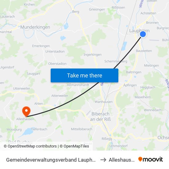 Gemeindeverwaltungsverband Laupheim to Alleshausen map