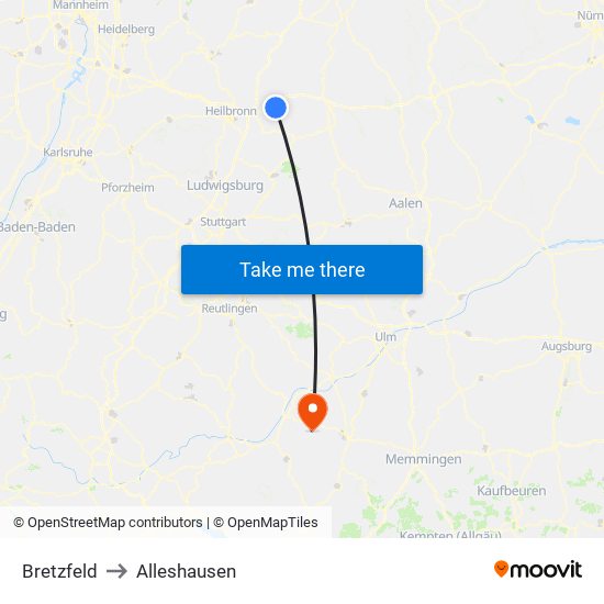 Bretzfeld to Alleshausen map