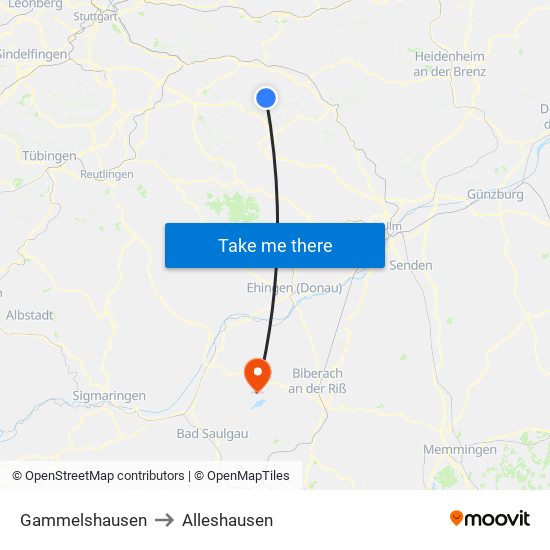 Gammelshausen to Alleshausen map