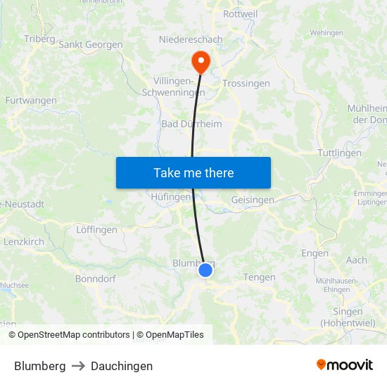 Blumberg to Dauchingen map