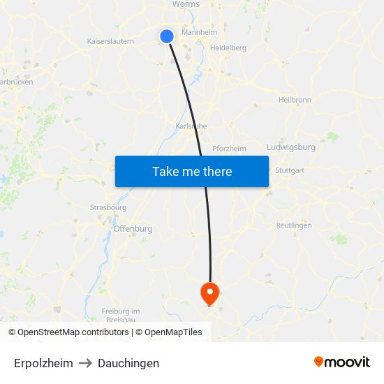 Erpolzheim to Dauchingen map