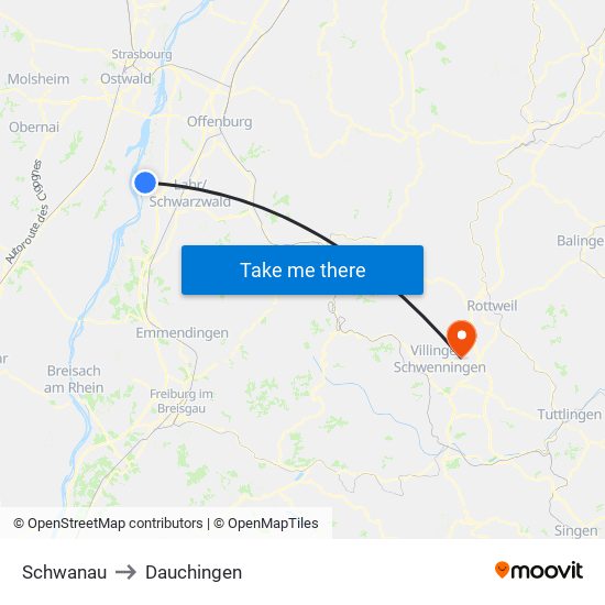 Schwanau to Dauchingen map