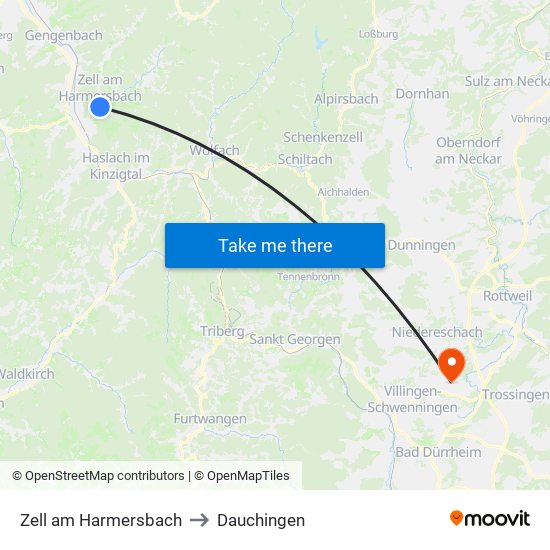 Zell am Harmersbach to Dauchingen map