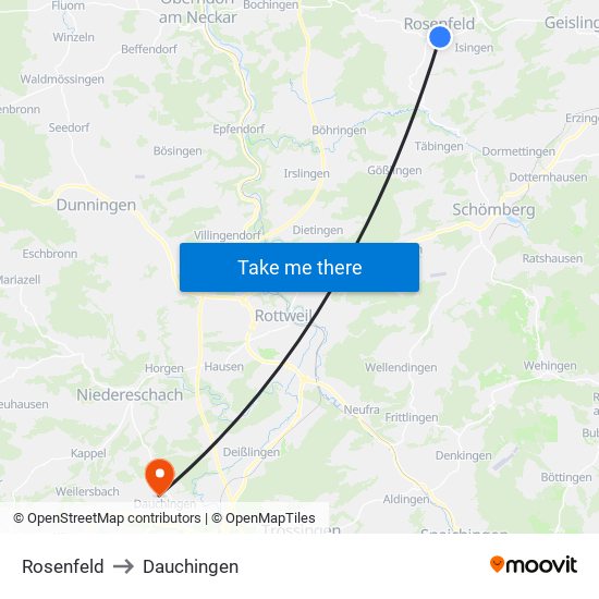 Rosenfeld to Dauchingen map