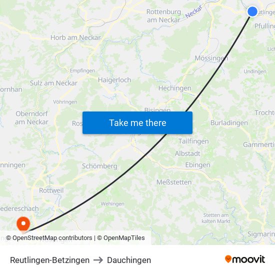 Reutlingen-Betzingen to Dauchingen map