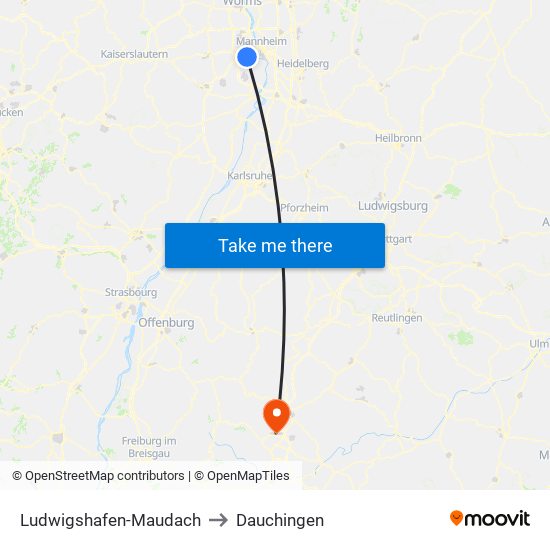 Ludwigshafen-Maudach to Dauchingen map